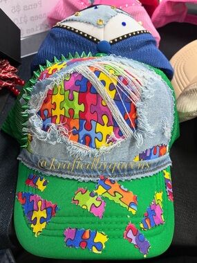 Autism Awareness Month! Green Puzzle Patch Distressed Baseball Cap - Unbranded